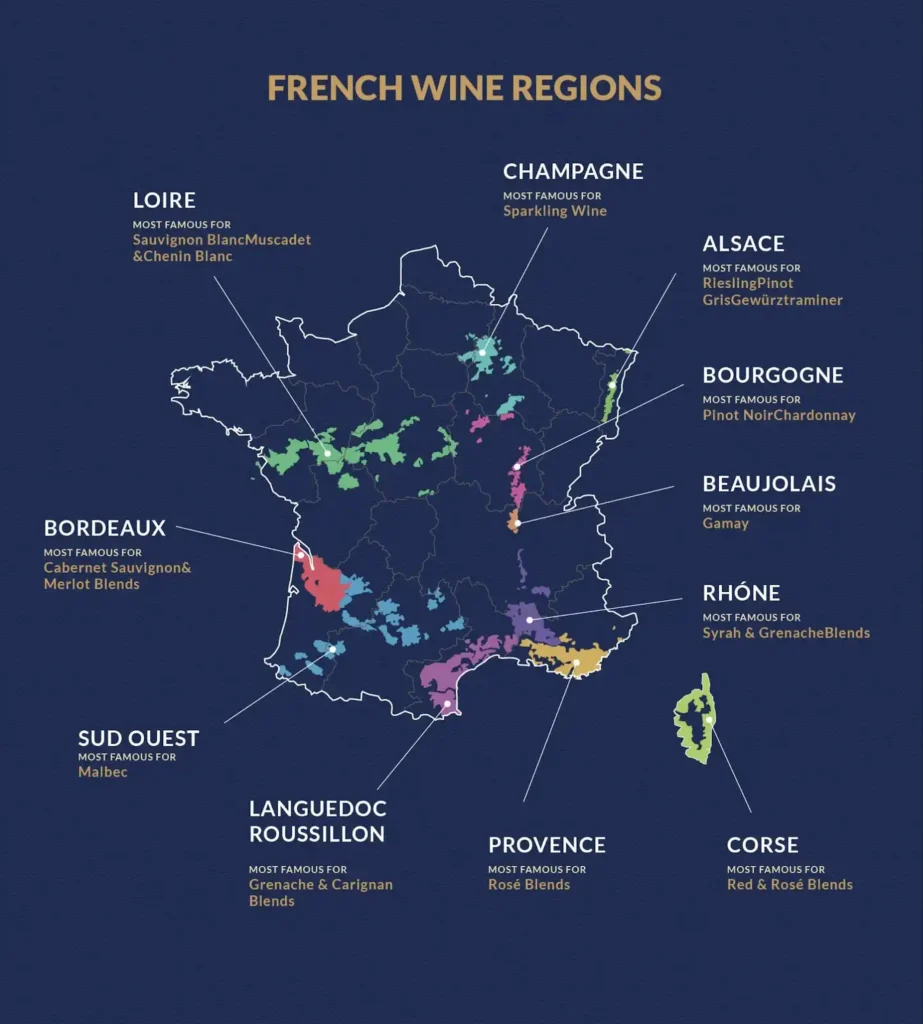 Map highlighting major French wine regions including Bordeaux, Burgundy, Champagne, Loire Valley, and Provence