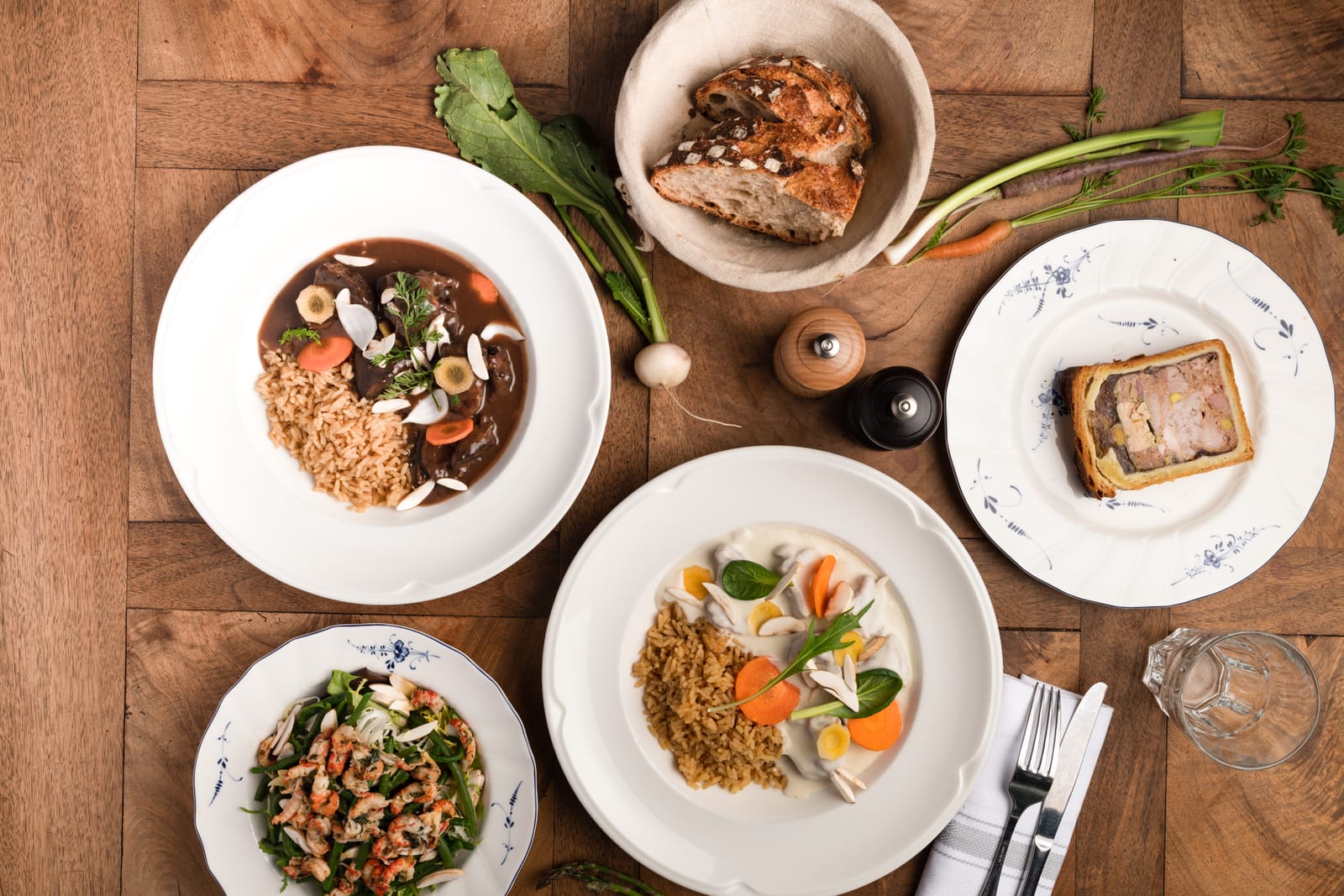 French and tasted food in plates