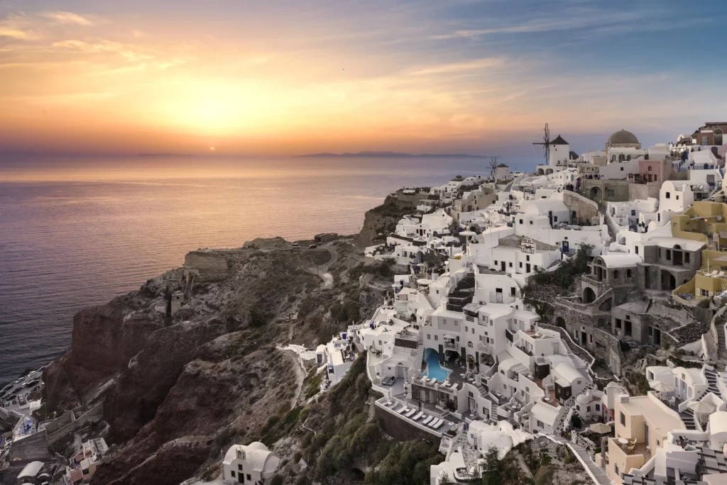 Evening time and view of Oia village on Santorini island