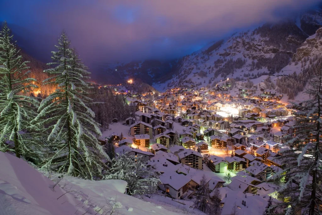 zermatt valley and matterhorn peak at dusk