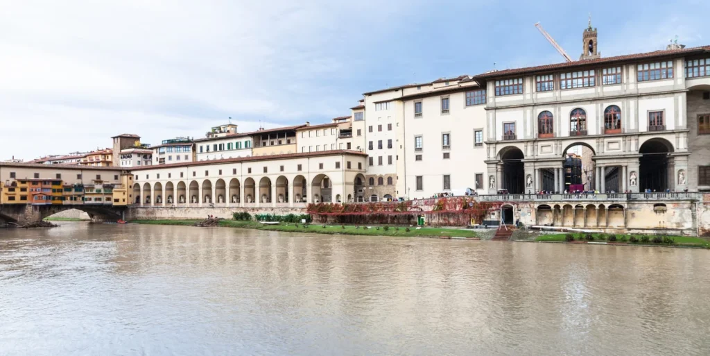 Arno River, vasari corridor and Uffizi Gallery in Florence city