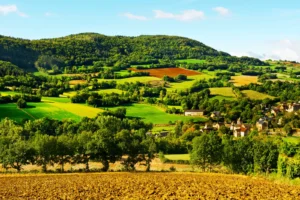 Rolling farmland and patchwork fields in central rural France