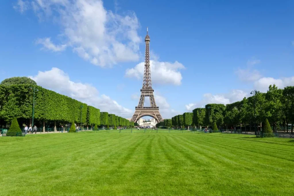 Eiffel Tower seen from the Champ de Mars lawn in Paris, France
