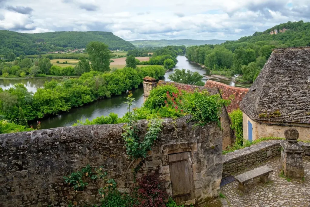 Stone terrace view over the Dordogne Valley and river