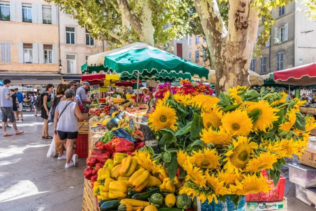 Open-air market in France with sunflowers, fresh produce, and local shoppers