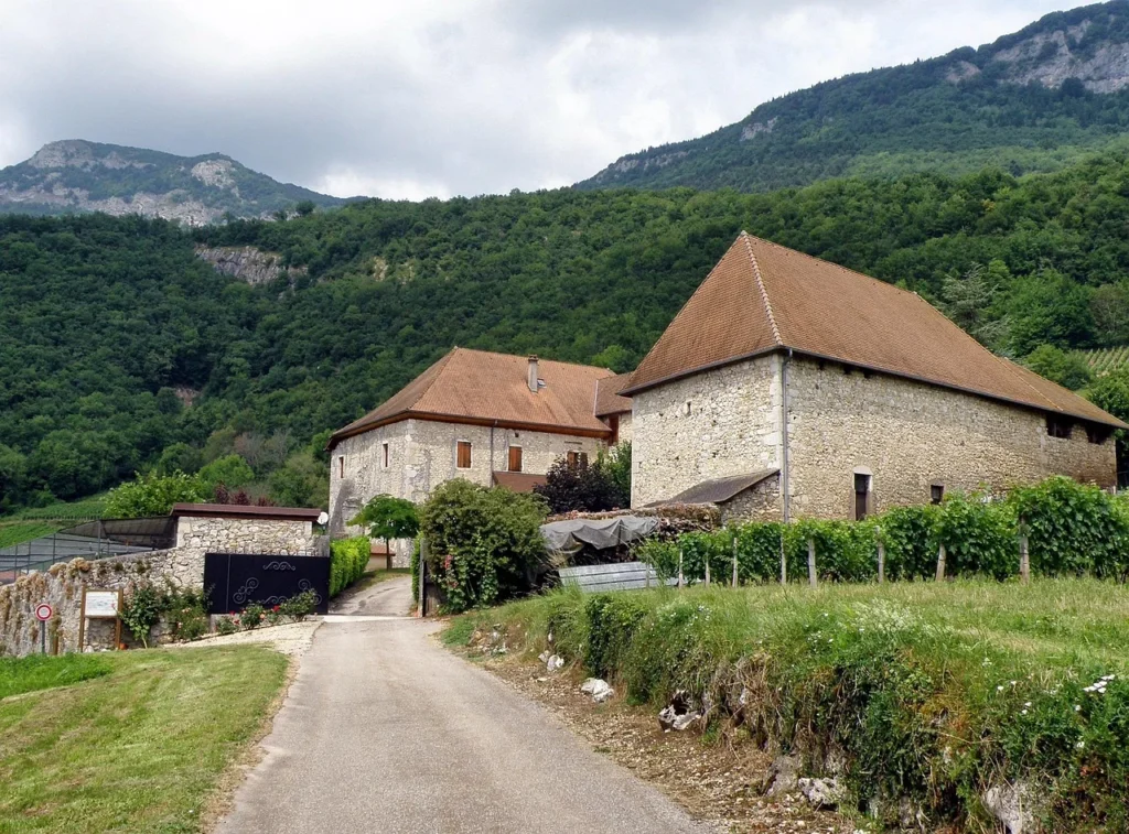Stone farmhouses surrounded by green hills in rural France with a quiet country road leading to the property