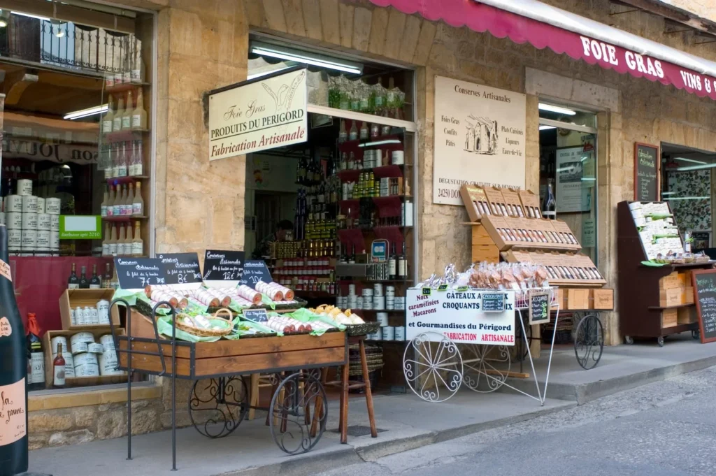 Local Dordogne shop selling foie gras, wines, and regional specialties