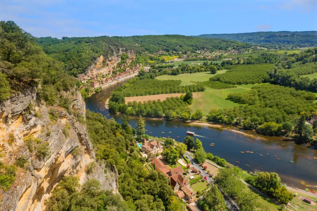Aerial view of Dordogne Valley with river, cliffs, and countryside landscapes