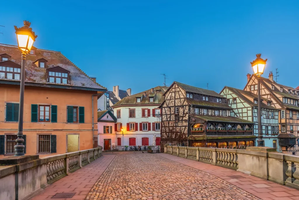 Historic half-timbered houses and cobblestone streets in Strasbourg, Alsace, France
