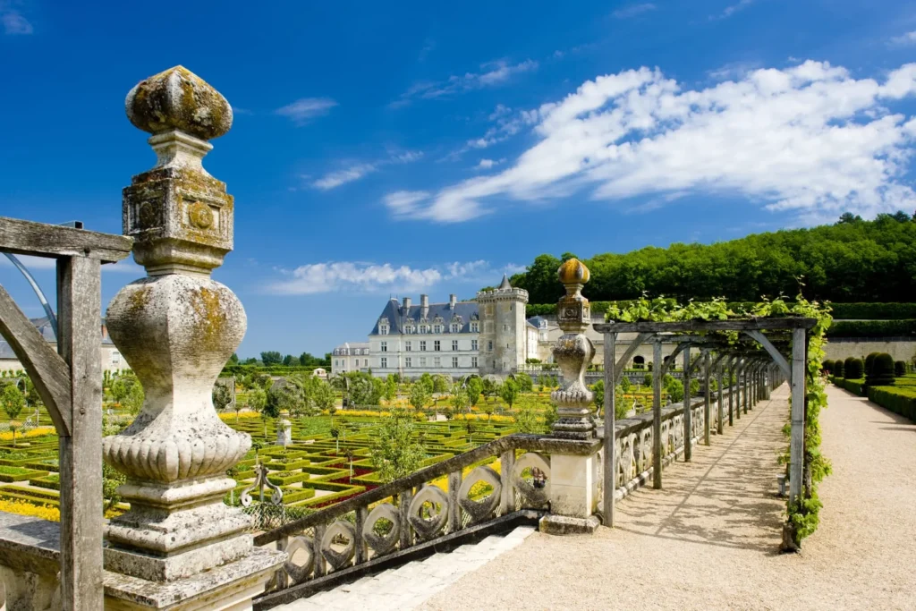 Decorative gardens and terrace walkway at Château de Villandry in France
