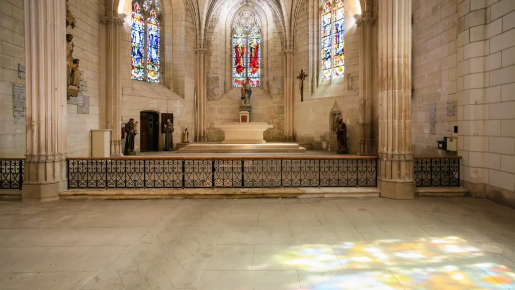 Interior of Saint Florentin Church with stained glass windows in Amboise