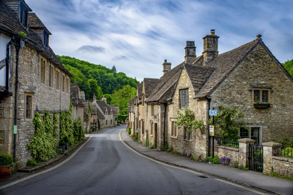 Quiet stone village street in the French countryside with traditional houses and scenic rural charm