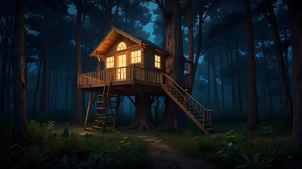 Treehouse cabin glowing at night in a forest