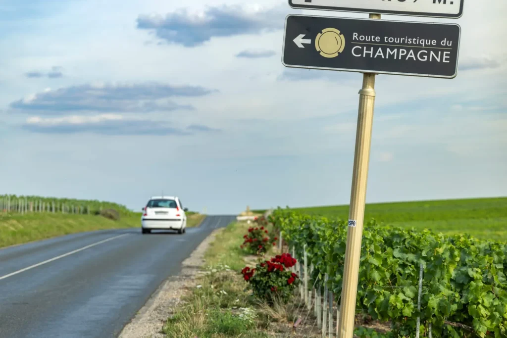Champagne tourist route sign beside vineyards