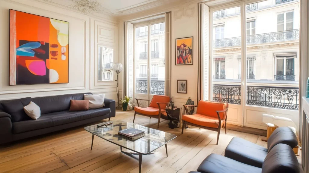 Bright French living room with tall windows, modern art, leather sofa, and orange chairs