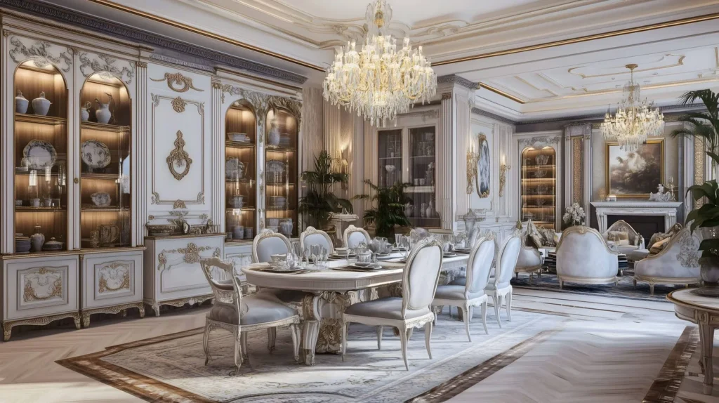Opulent French chateau-style dining room with chandeliers, ornate furniture, and gold detailing