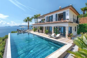 Modern villa with infinity pool, sea views, palm trees, and sunny terrace