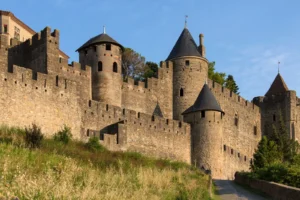 Medieval stone fortress with towers and ramparts