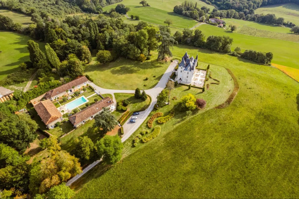 Aerial view of a private château estate