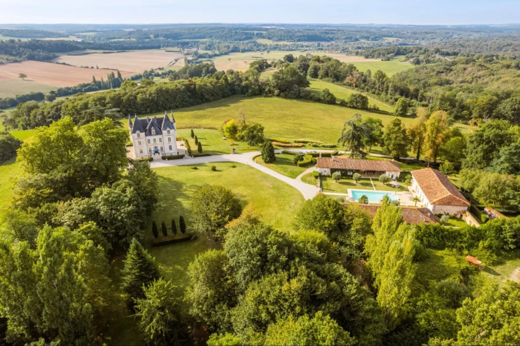 Aerial view of a French château estate