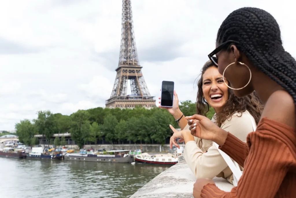 Friends taking photos near the Eiffel Tower