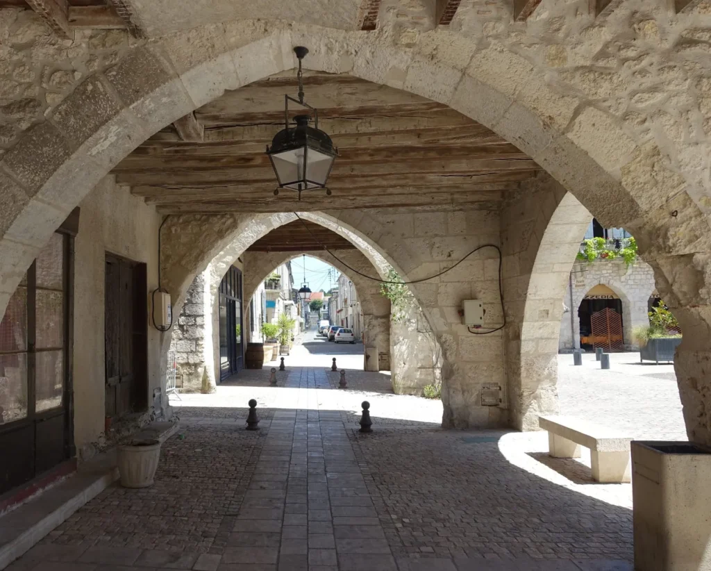 Stone arcades in Eymet Dordogne old town
