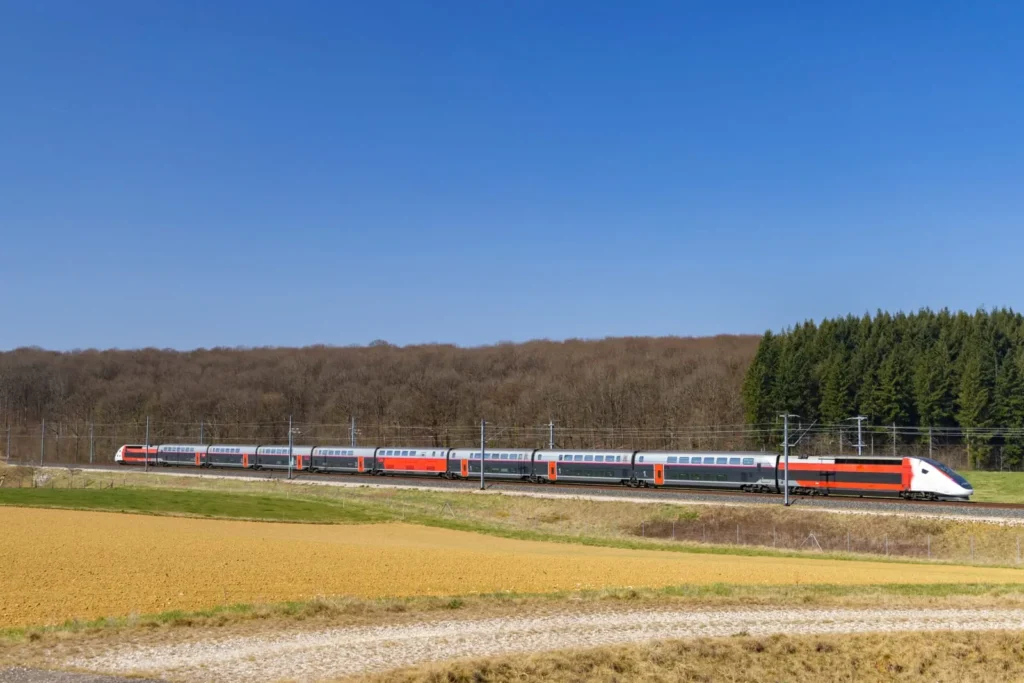 French train crossing countryside