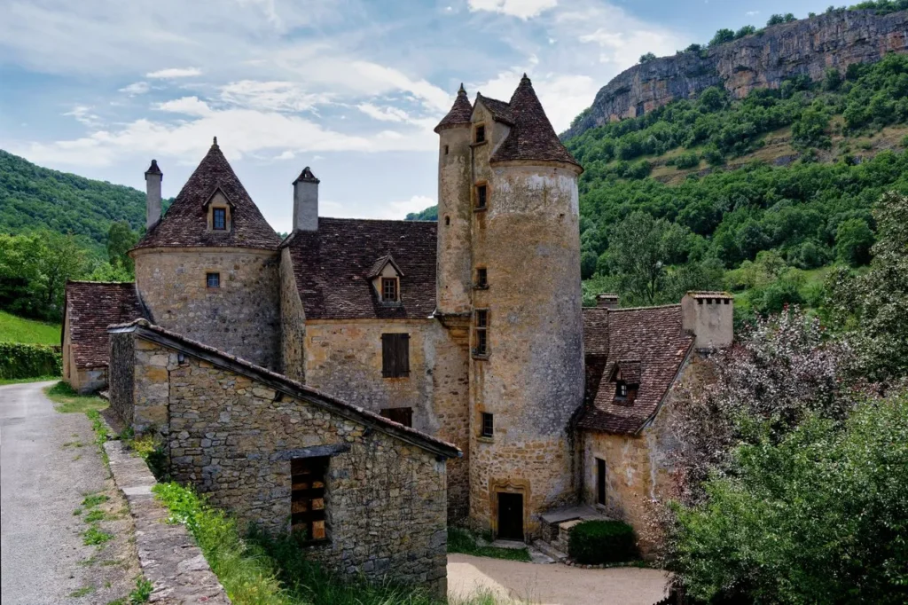 Historic stone chateau with round towers in a green valley