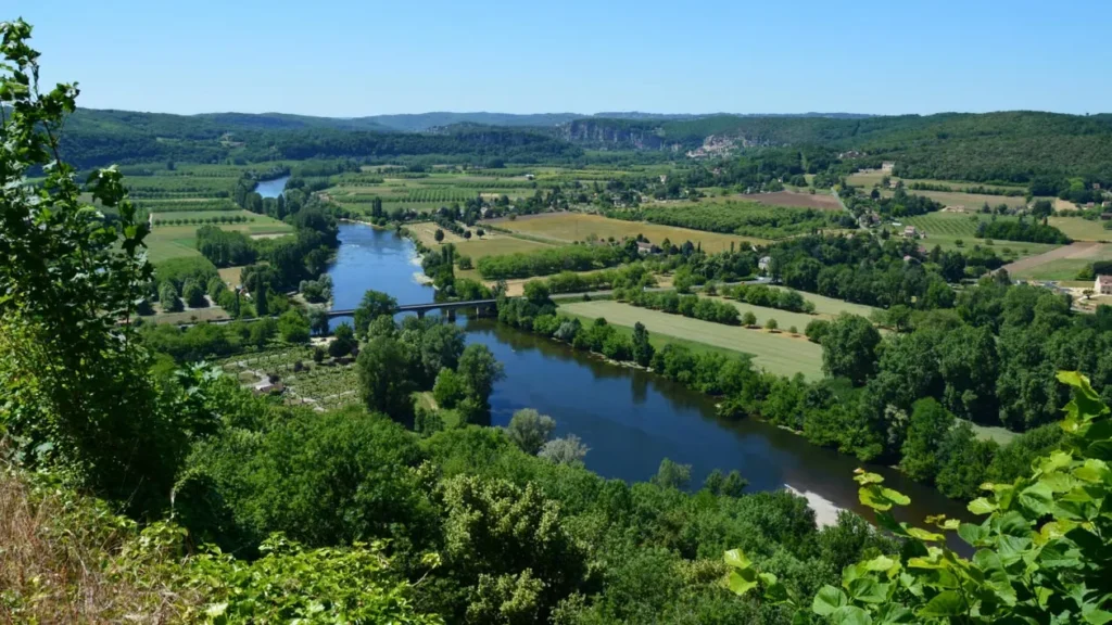 Scenic view of the Dordogne River valley from a hilltop viewpoint