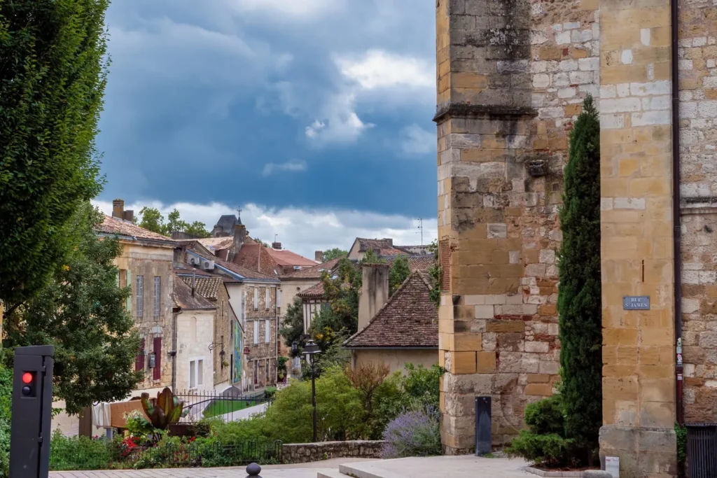 Historic stone buildings and village streets in Issigeac Dordogne