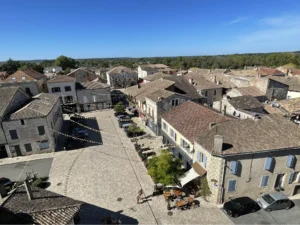 Aerial view of Villeréal's medieval square and stone buildings