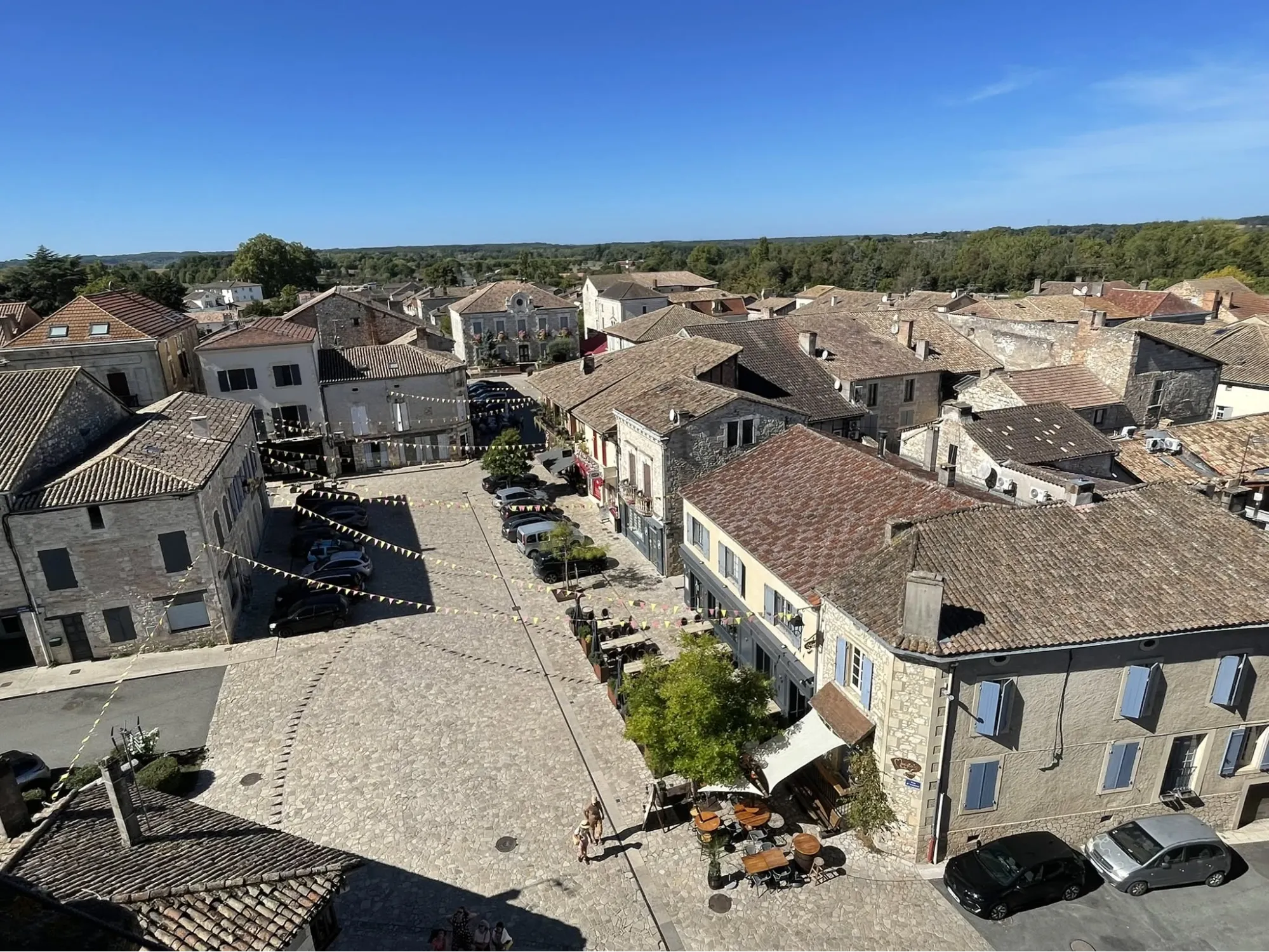Aerial view of Villeréal's medieval square and stone buildings